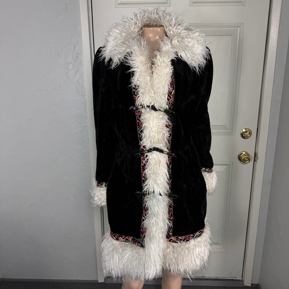 Vintage 60s 70s Borg Penny Lane Jacket Faux Fur Leather Button Velvet Embroider